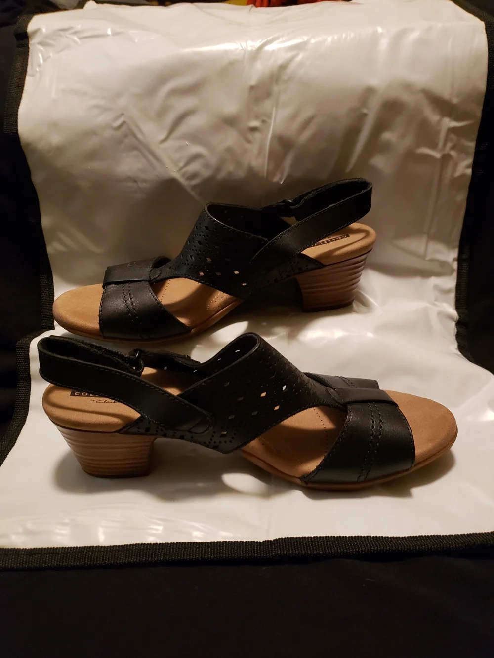 Clarks Black Perforated Leather Slingback Sandal with Low Block Heel